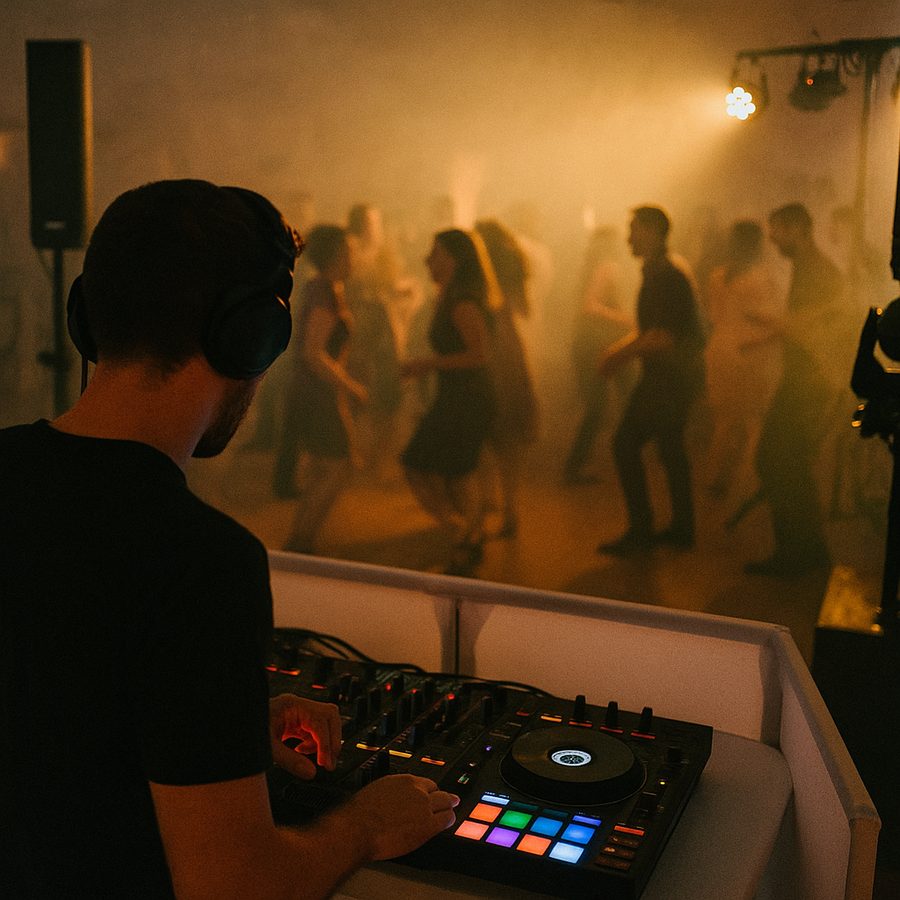 Pohled zpoza DJ pultu na parket